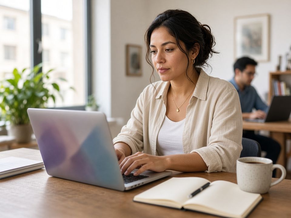 Mujer trabajando en una laptop sobre una mesa de madera, con una libreta y una taza de café, en una oficina luminosa (foto ilustrativa)