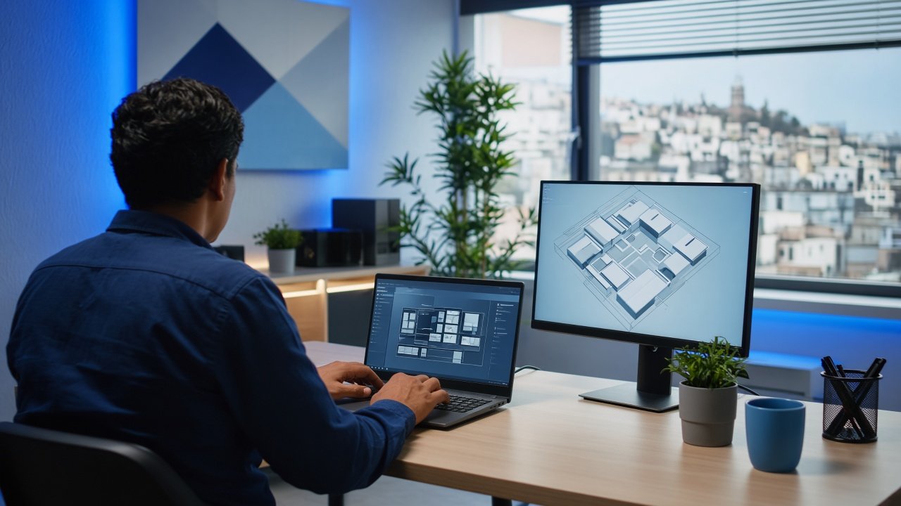 Persona trabajando en una laptop en una oficina luminosa con vista a la ciudad (imagen ilustrativa)
