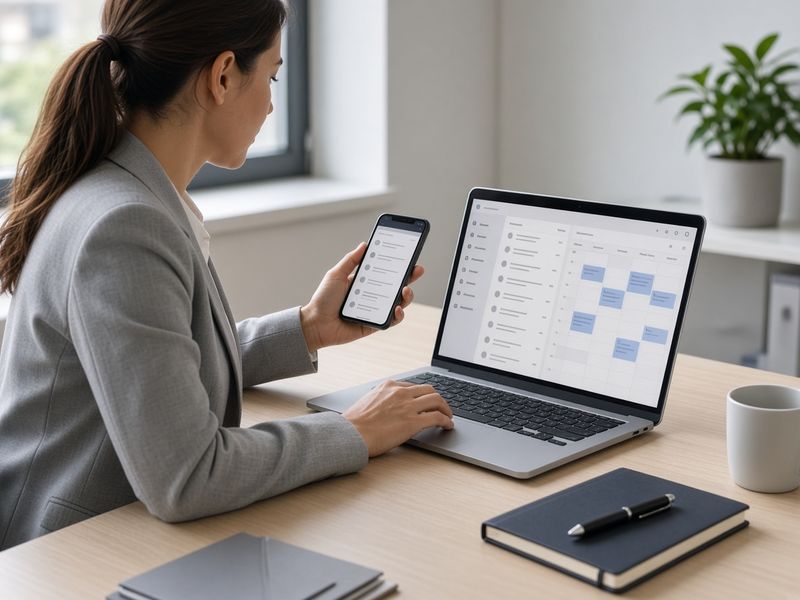 Mujer revisando su correo y su calendario en una laptop y un celular sobre un escritorio (foto ilustrativa)