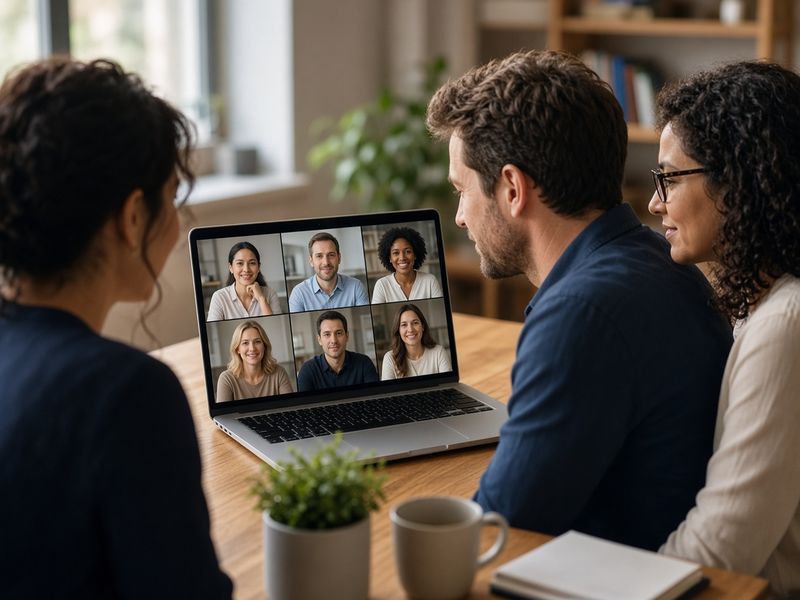 Personas en videollamada de equipo alrededor de una laptop en una oficina (foto ilustrativa)