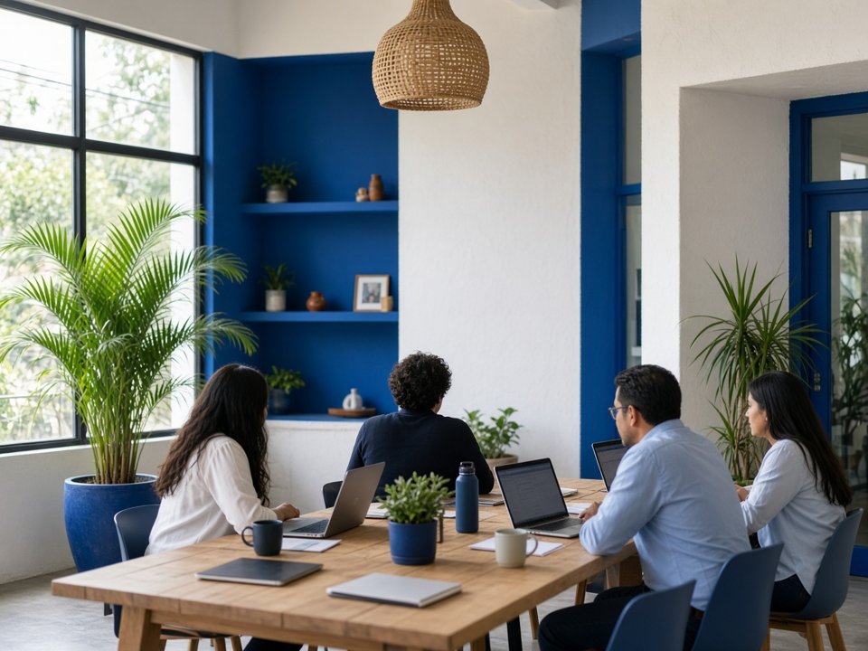Personas trabajando con laptops alrededor de una mesa en una oficina luminosa (imagen ilustrativa)