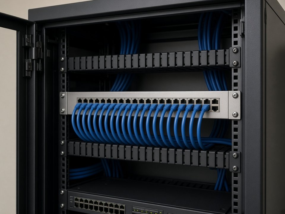 Rack de comunicaciones con patch panel y cables de red azules organizados (imagen ilustrativa)