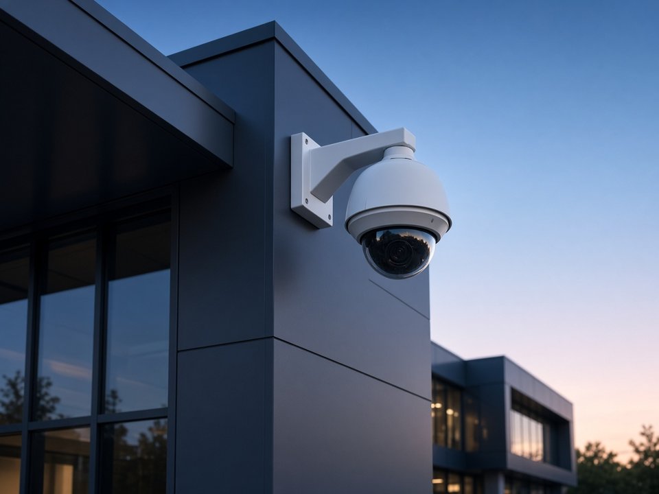 Cámara de videovigilancia tipo domo instalada en la fachada de un edificio al atardecer (imagen ilustrativa)