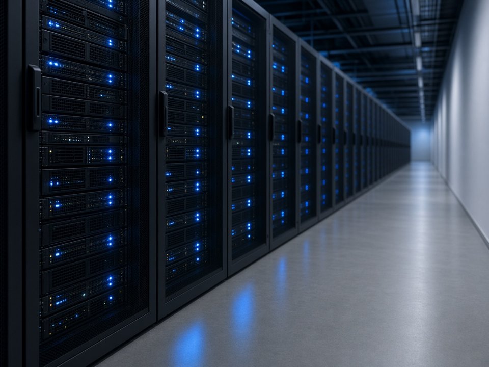Pasillo de un centro de datos con racks de servidores iluminados en azul (imagen ilustrativa)