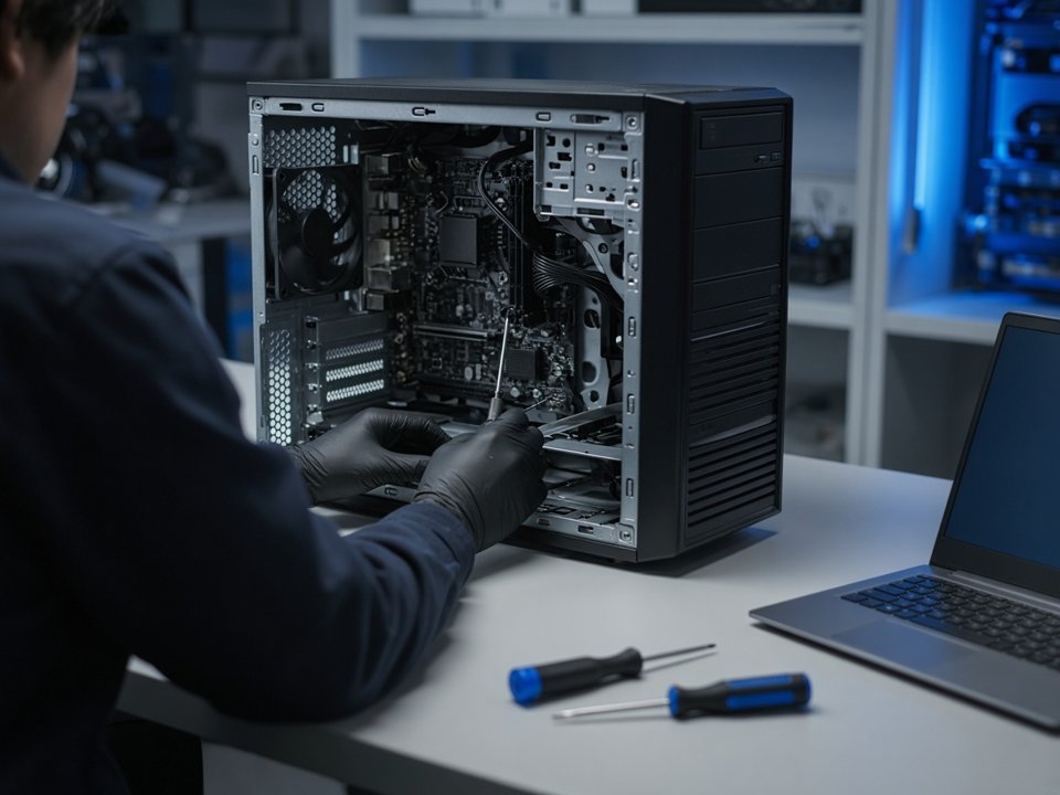 Técnico revisando el interior de una computadora de escritorio sobre una mesa de trabajo (imagen ilustrativa)